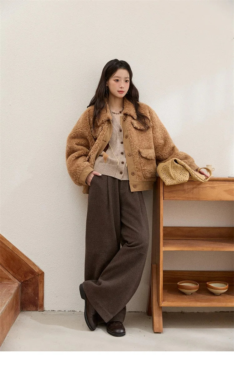 MISHOW Faux Lambskin Coat Turn-Down Collar Brown Loose MXE89W0896