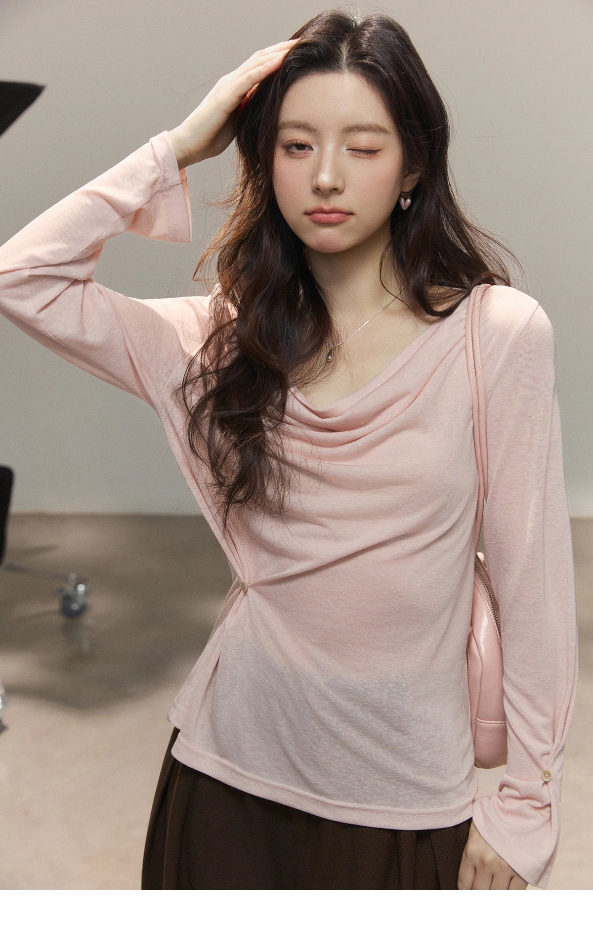 Mishow Multi Colored Swinging Collar Flare Sleeve Top MXF13T1473