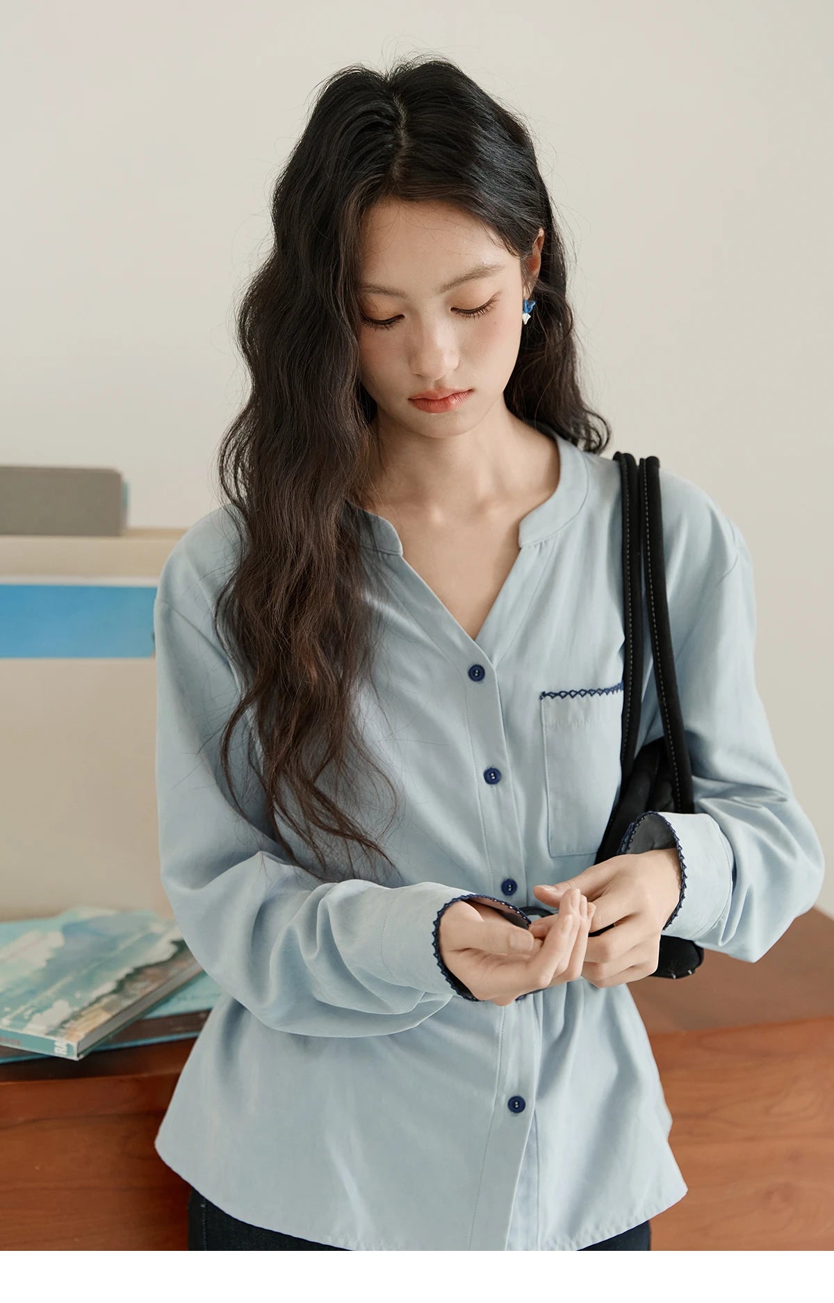 MISHOW Haze Blue Velvet Shirt Contrast Color Waist Sash MXE47X2497