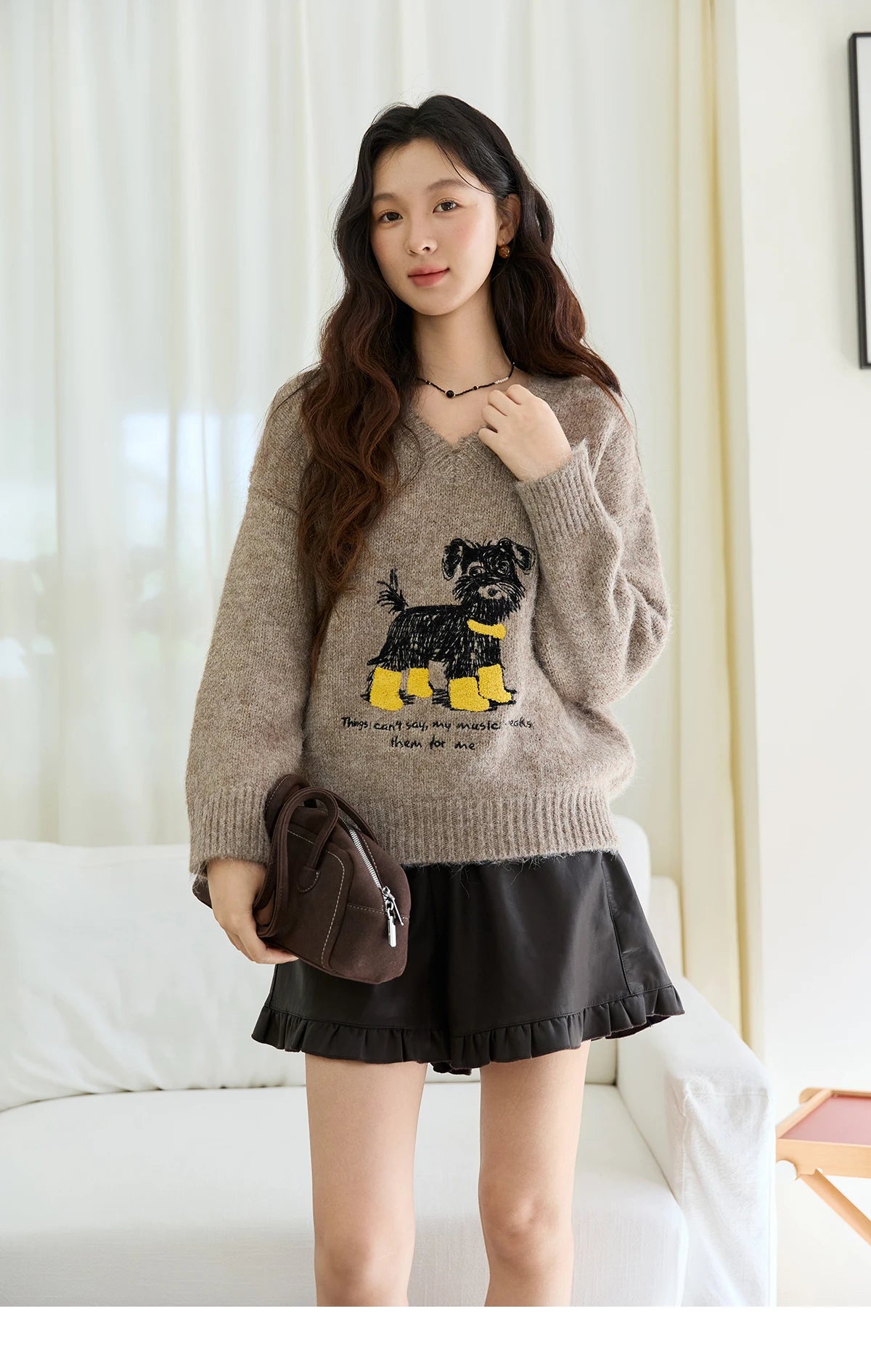 Mishow Puppy Embroidery V-Neck Loose Pullover MXE48Z2570