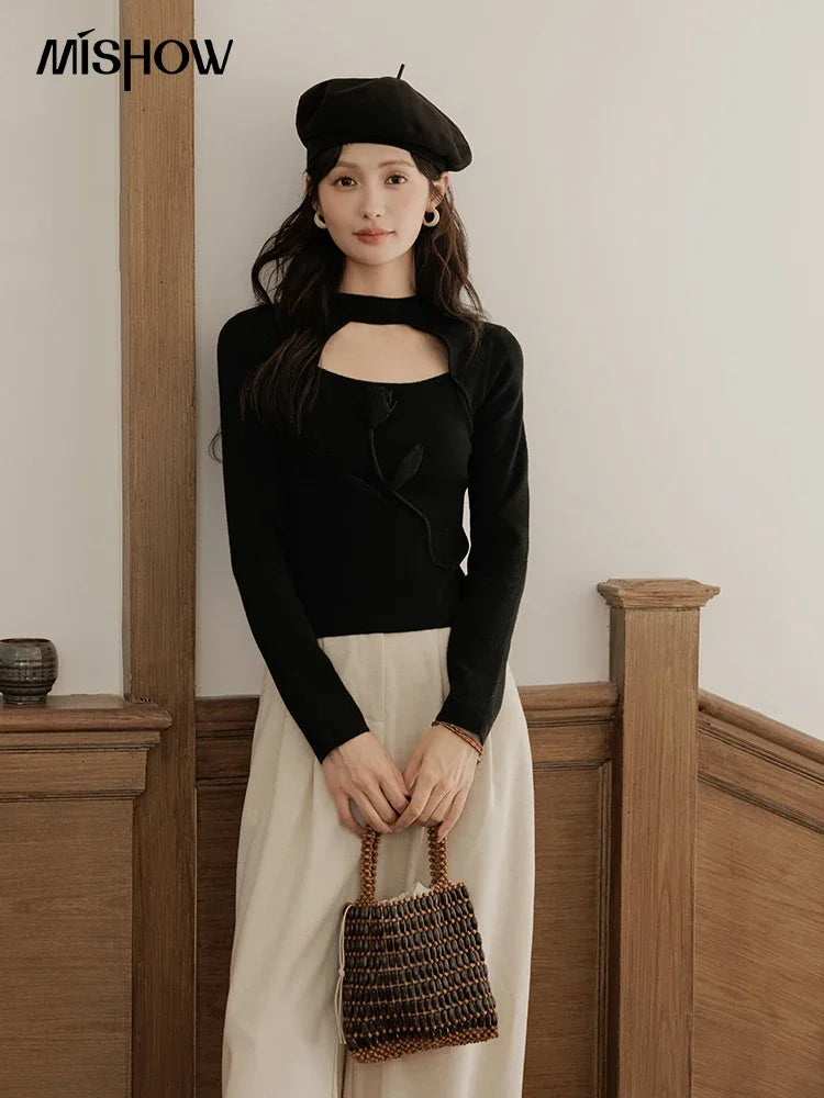 Mishow French Vintage Black Hollow Mock Neck Sweater MXD42Z0731