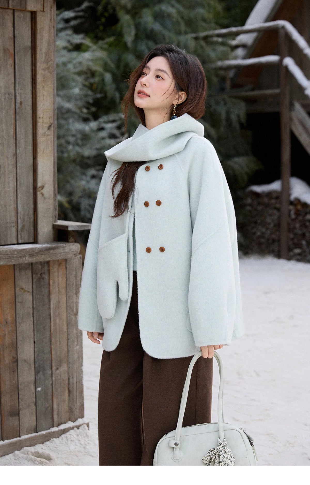 Mishow 100% Wool Mint Green Double-Faced Coat with Scarf & Gloves MXE92W1014