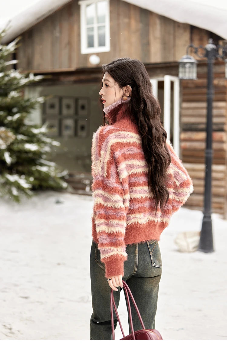 Mishow Red Striped Faux Mink Fur Stand Collar Cardigan MXD59Z1005