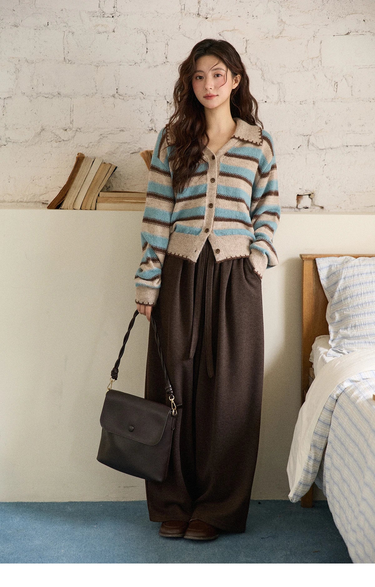 MISHOW Brown Wide-Leg Pants Thickened Drawstring Waistband MXE87K1126