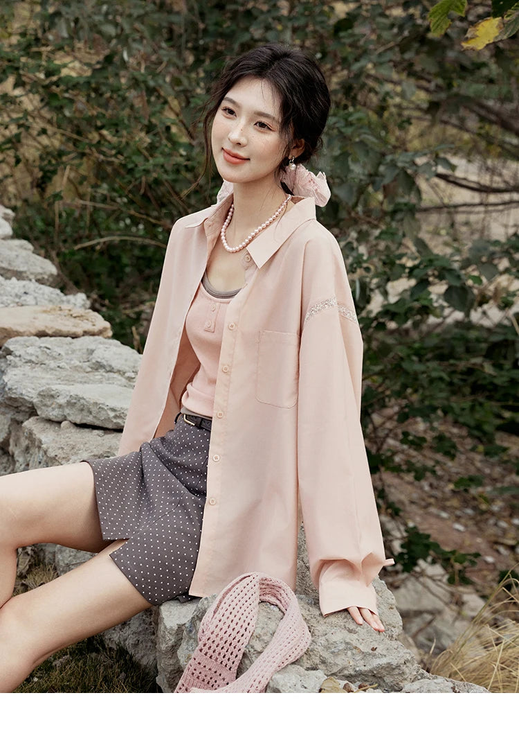 MISHOW Pink Long Sleeve Shirt Lace Bow Tie MXE16C0767