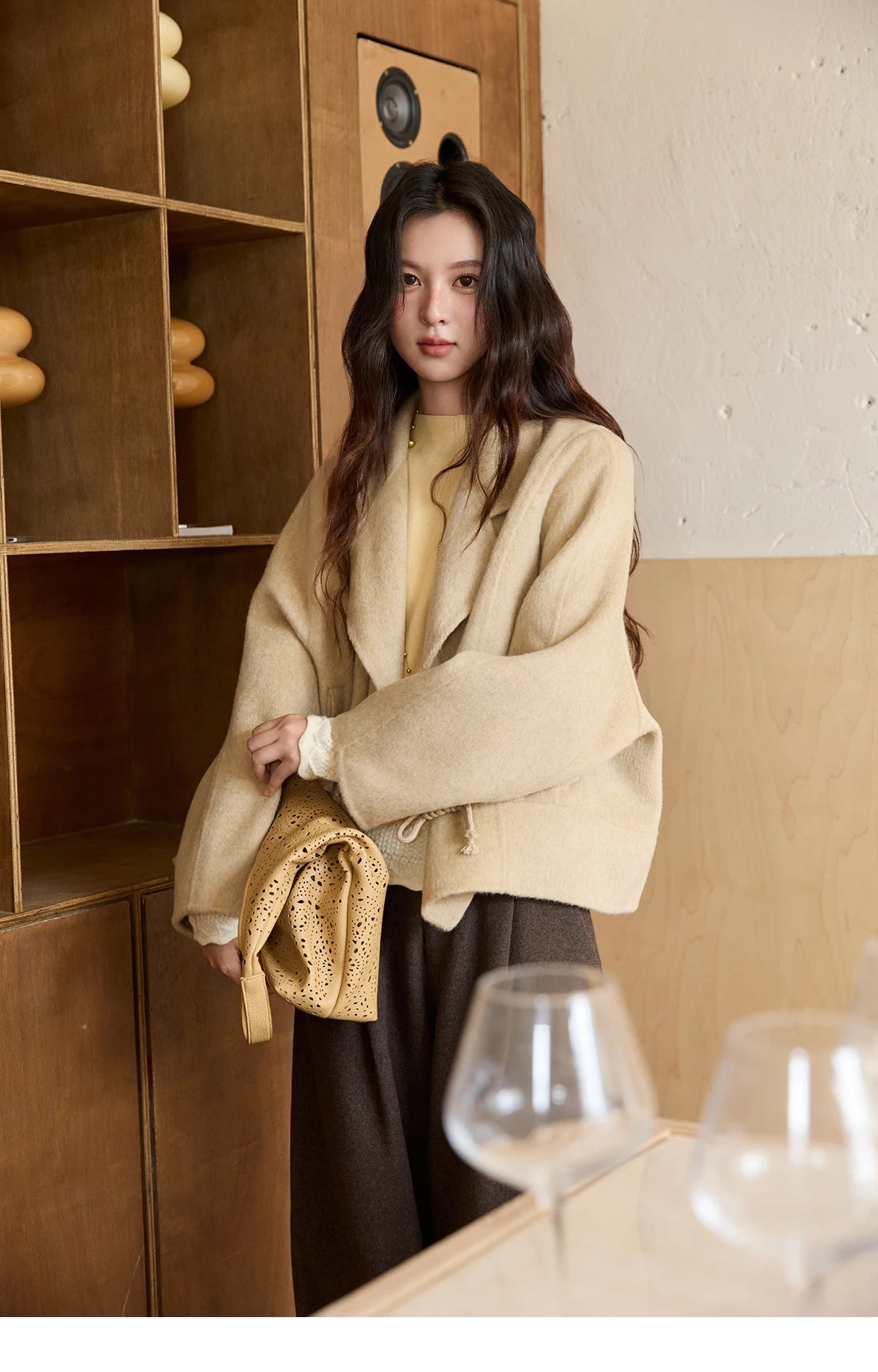 Mishow 100% Wool Retro Apricot Double-Faced Butterfly Button Coat MXE51W0887