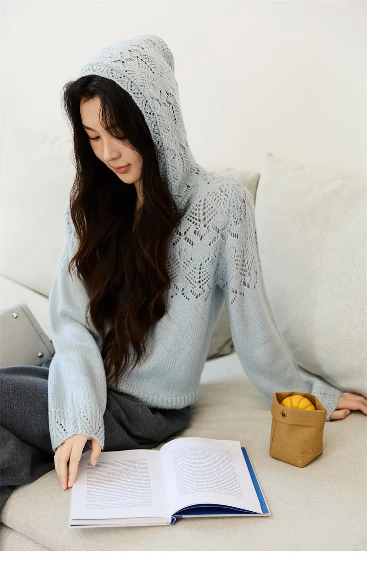 Mishow Blue Hooded Hollow Knit Zipper Cardigan MXE46Z2584