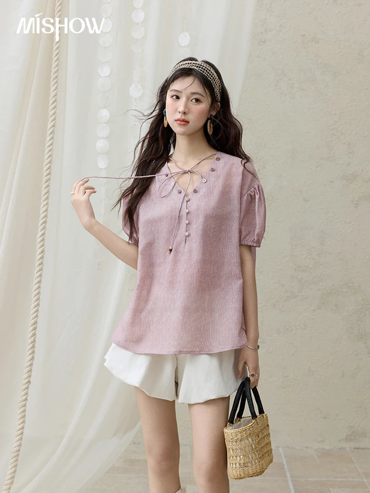 MISHOW Solid V-Neck Blouse Short Puff Sleeve Lace-Up MXE33X1743