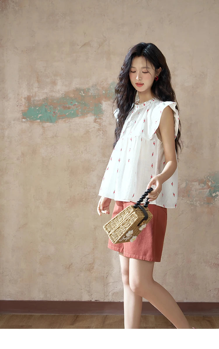 MISHOW Red Casual Shorts High Waist Loose Straight Leg Pockets MXD25K0679