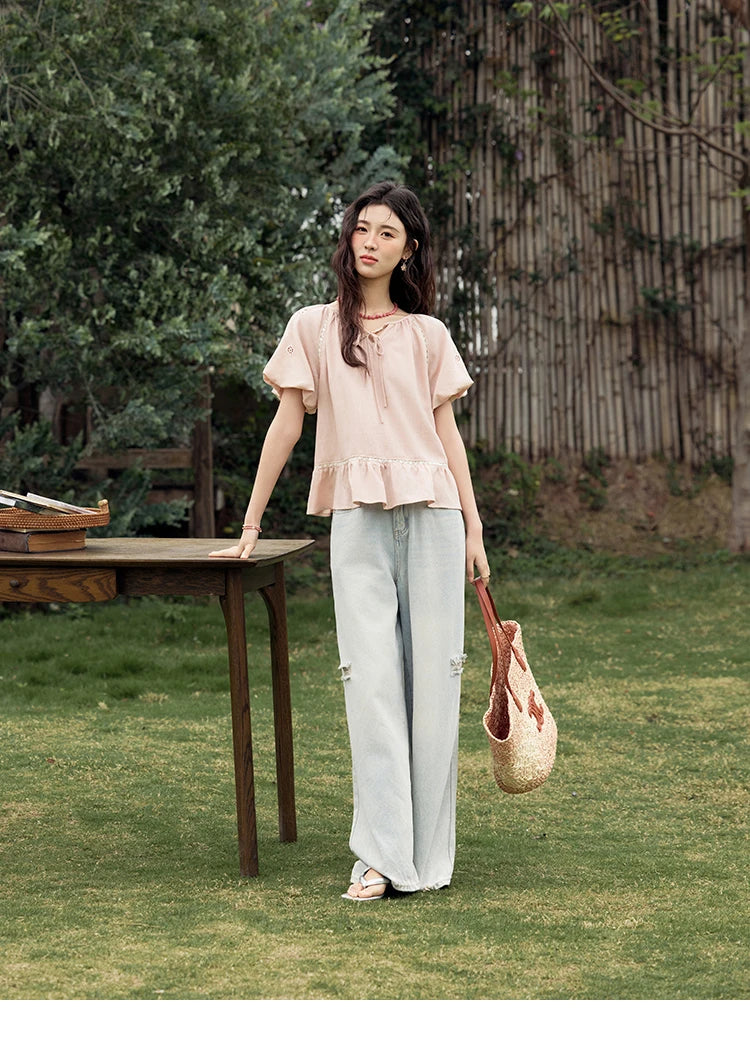 MISHOW Puff Sleeve Blouse Round Neck Hollow Embroidery MXE31X1747