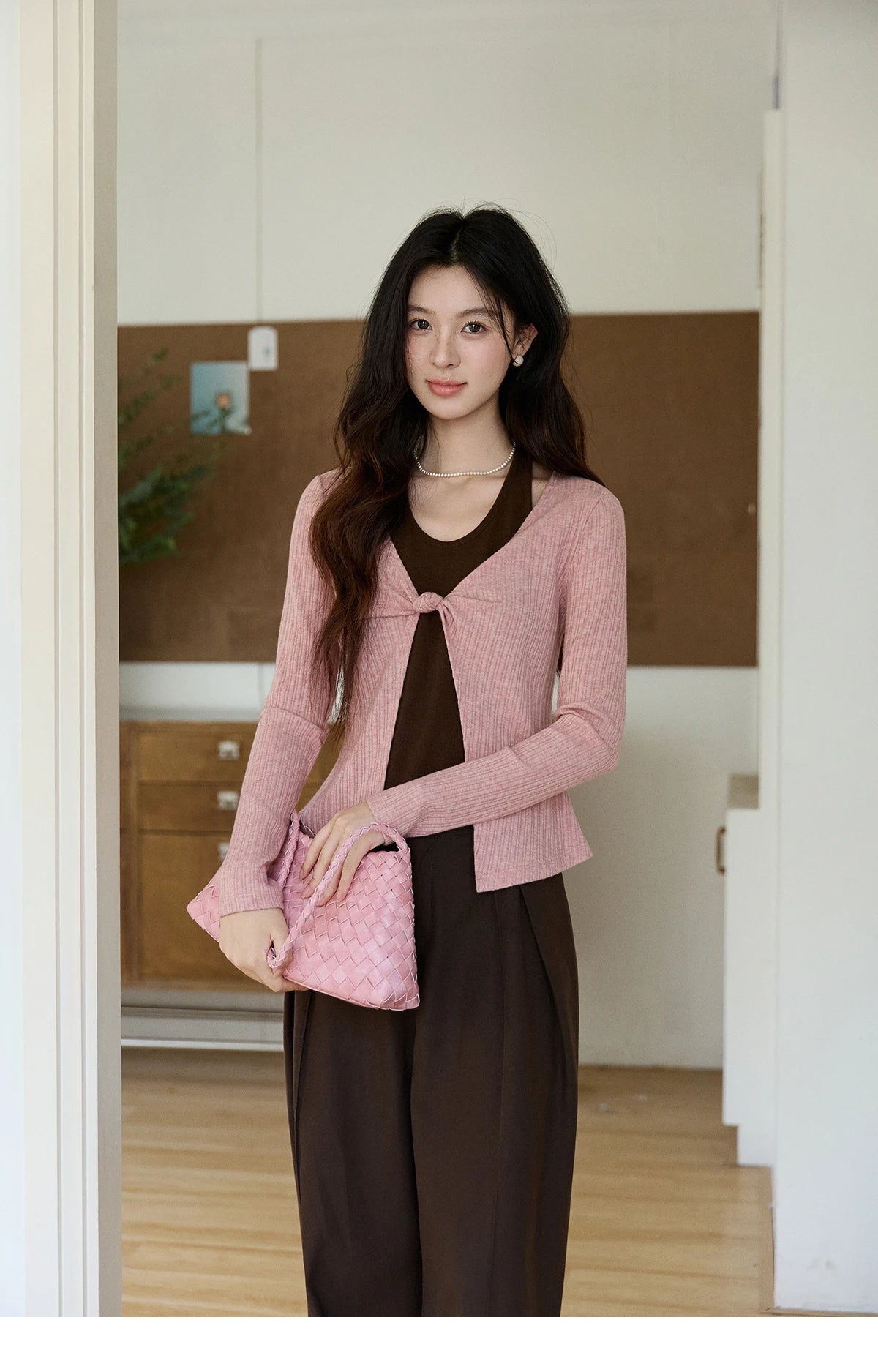 Mishow Pink Brown Fake Two-Piece Knot Front Top MXF11Z2912