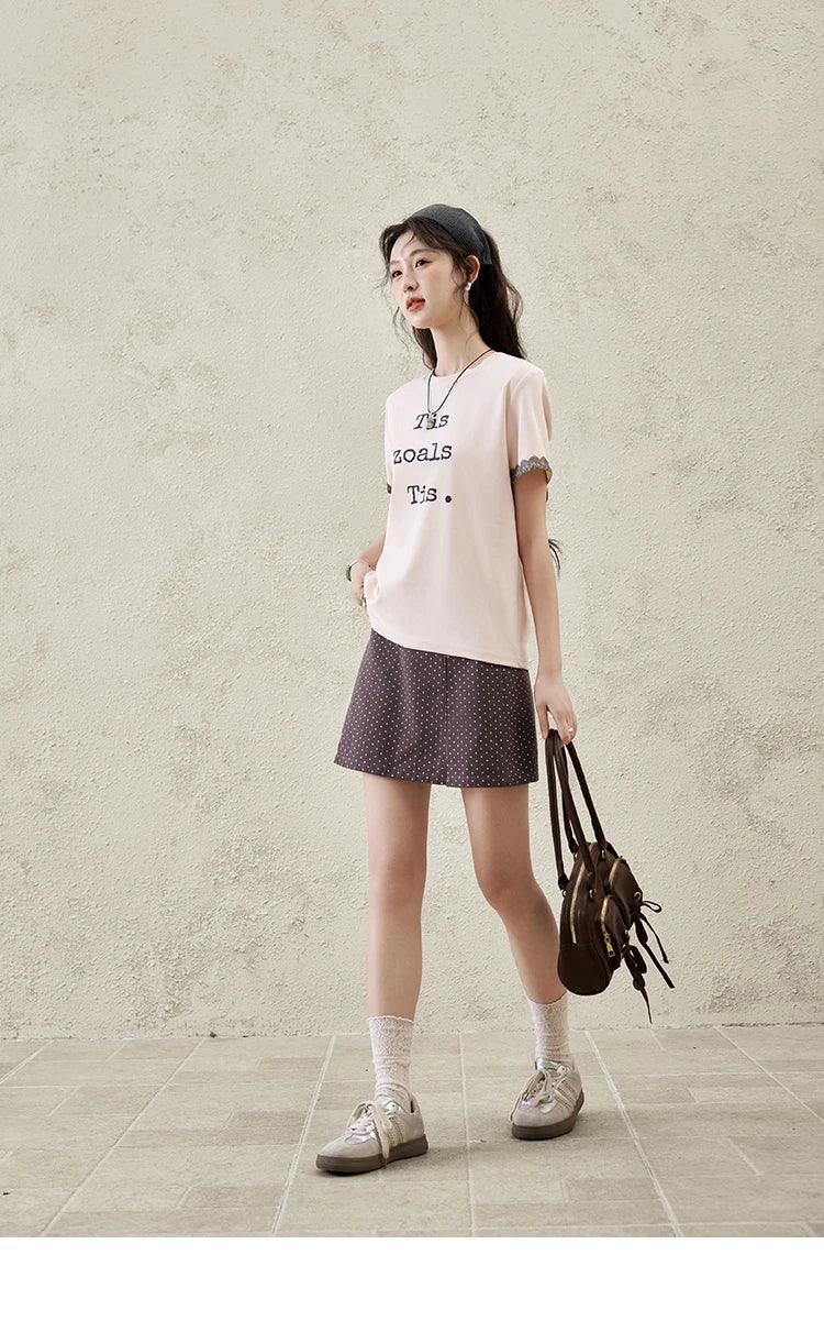 Mishow Pink Letter Print Lace Trim Tee MXE32T0529