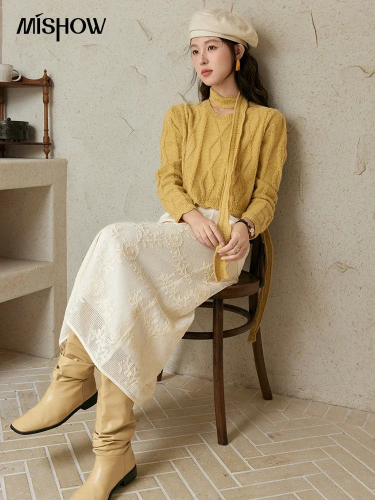 MISHOW Romantic Lace Wave Knit Sweater with Belt MPD42Z0736