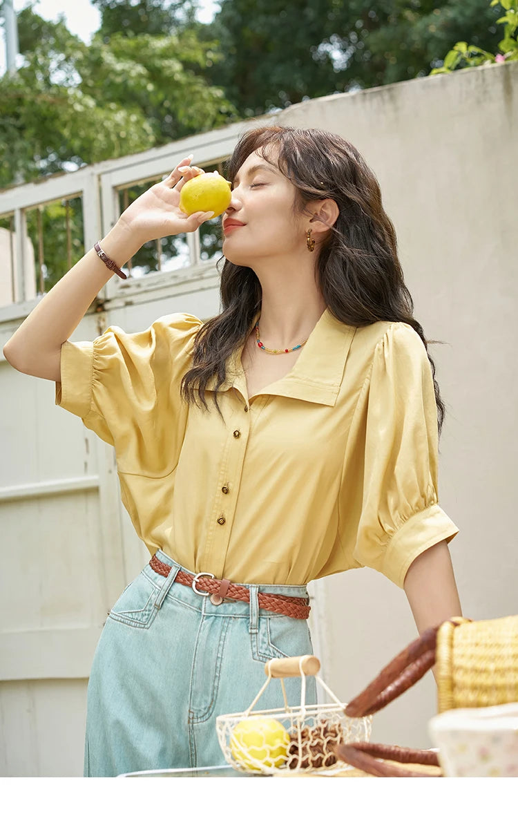 MISHOW Short Sleeve Blouse Lapel Simple Loose Fit MXD28C0247