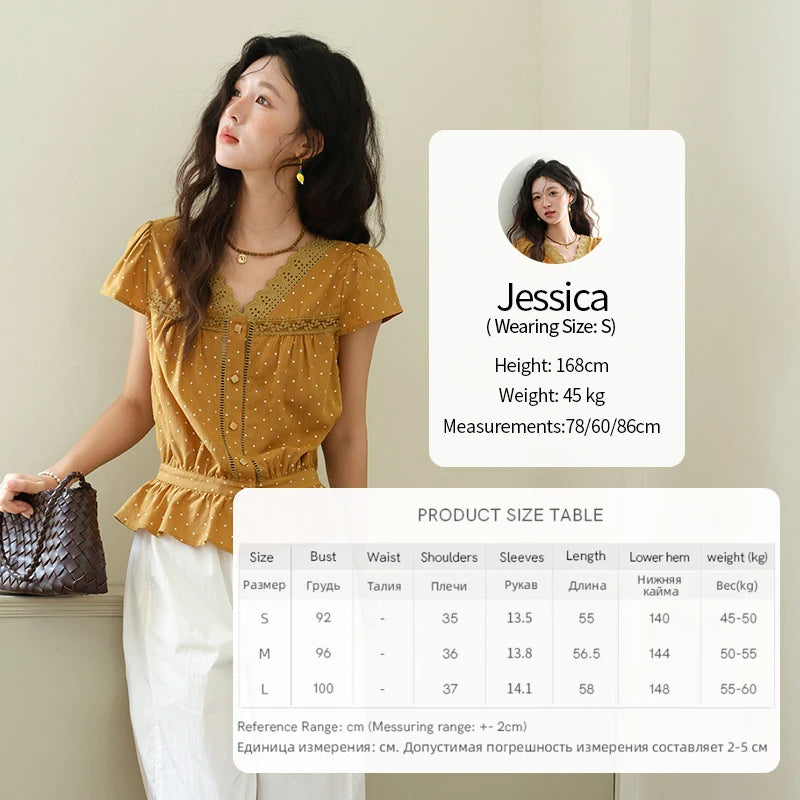 MISHOW V-Neck Lace Polka Dot Blouse Ruffled Button MXE38X1847