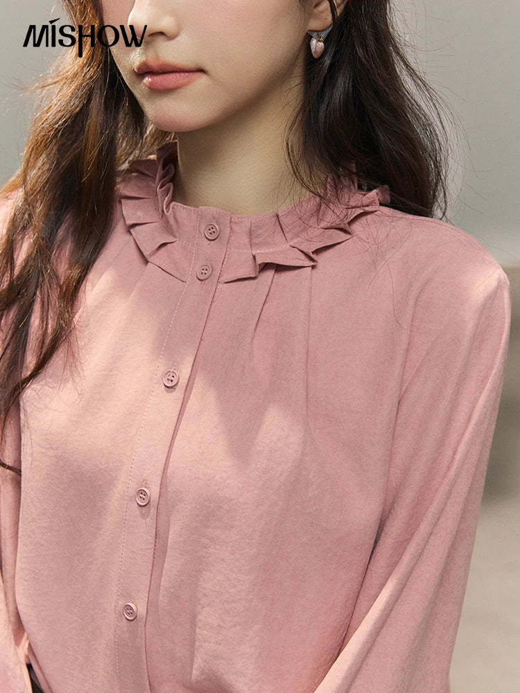 MISHOW Peach Skin Solid Shirt Ruffled Crew Neck MXF11C2431