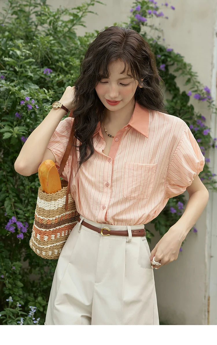 MISHOW Hong Kong Retro Pink Striped Shirt Bubble Sleeve Lapel MXD28C0250