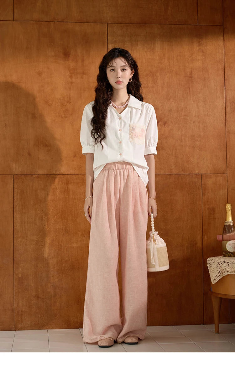 MISHOW Cotton Short Sleeve Shirt Embroidered Pocket Puff Sleeve MXD26C0243