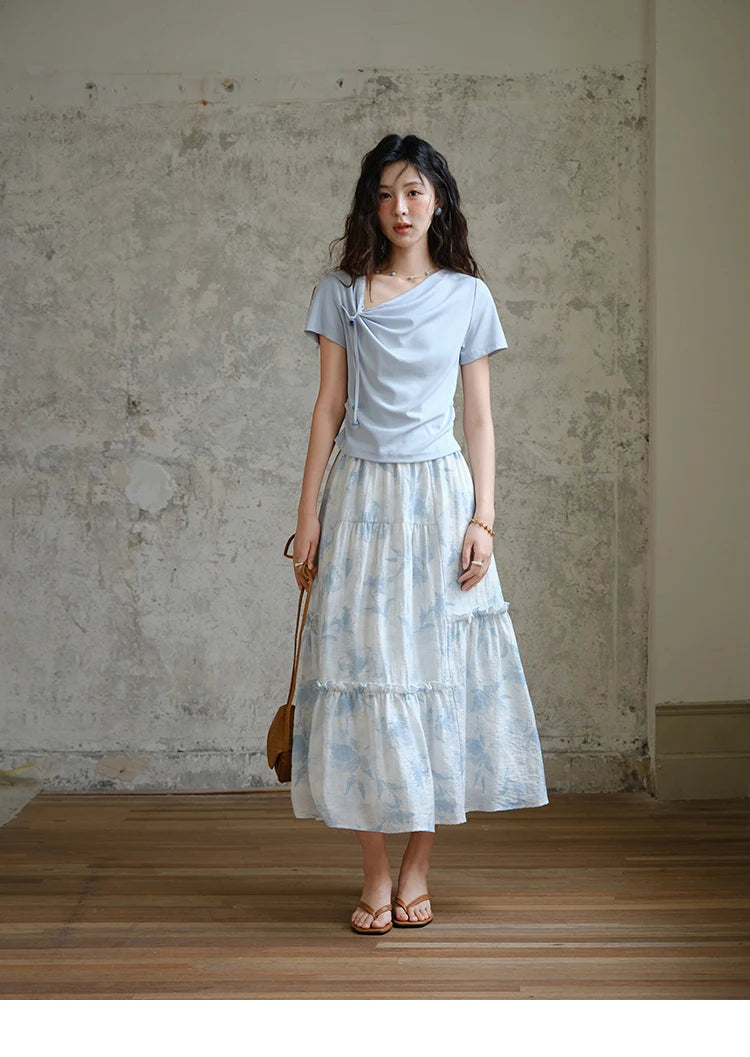 Mishow Lace-Up Print Top & Wide Leg Half Skirt Set MXE35T0596