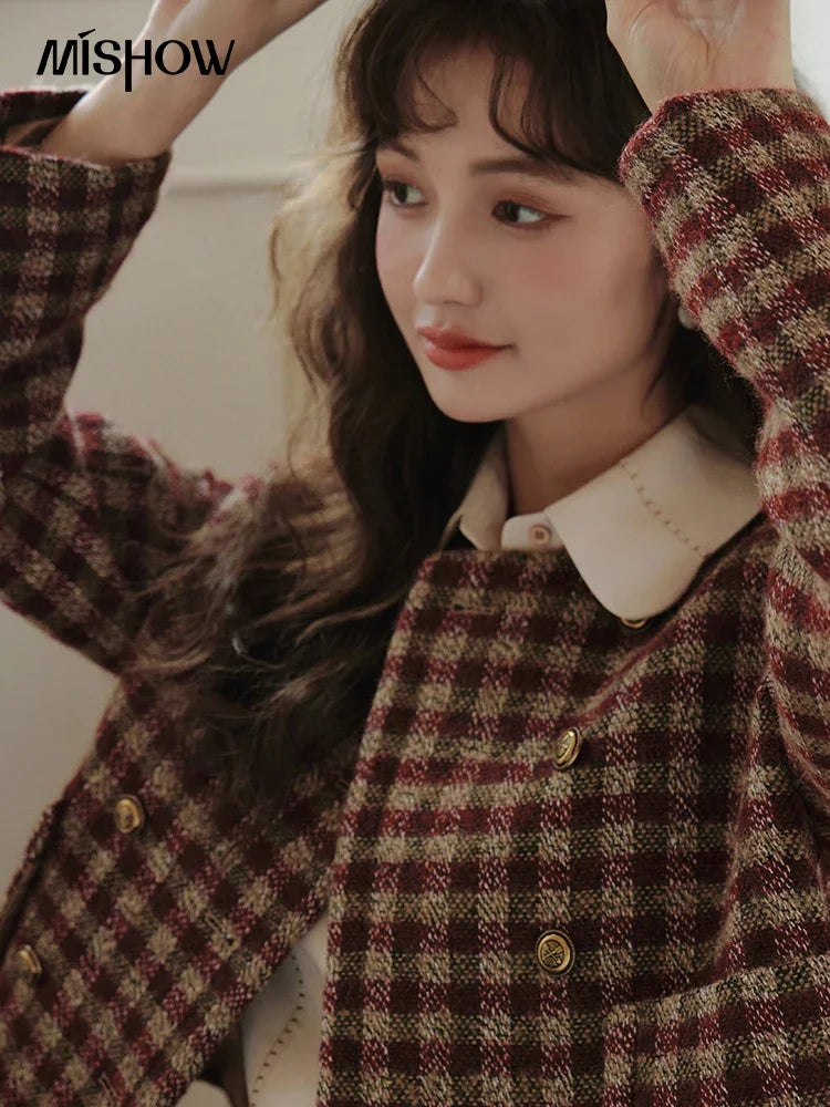 Mishow Vintage French Crop Plaid Woolen Top MXC48W0175