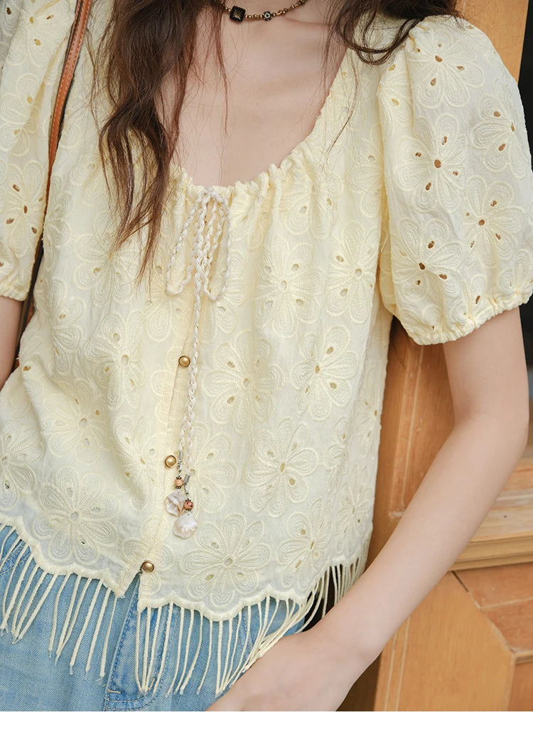 MISHOW Hollow Out Blouse Embroidery Puff Sleeve Square Collar Tassel MXE37X1851