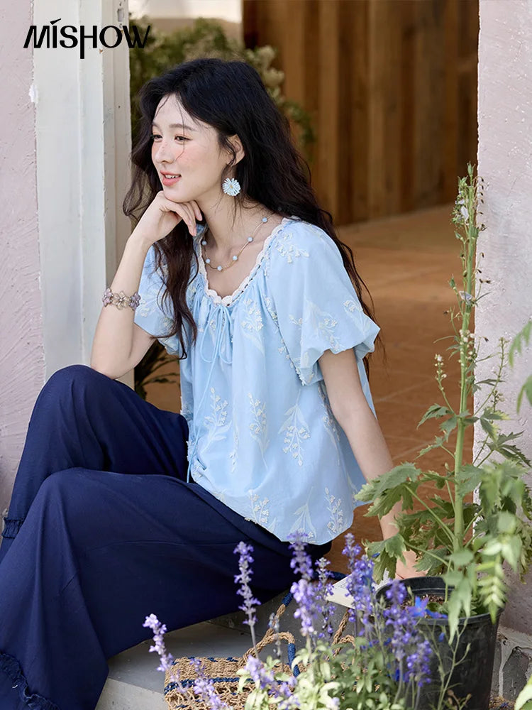 MISHOW Blue Cotton Embroidered Blouse Wave Edged O-Neck MXE35X1791