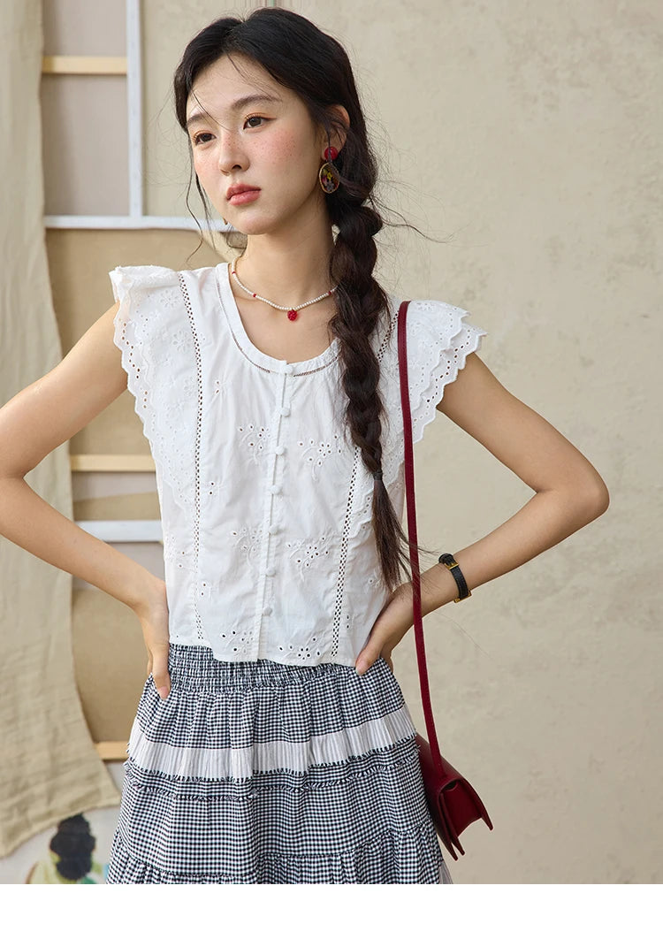 MISHOW Flying Sleeve Cotton Blouse Hollow Lace Slim Waist MXE36X1844