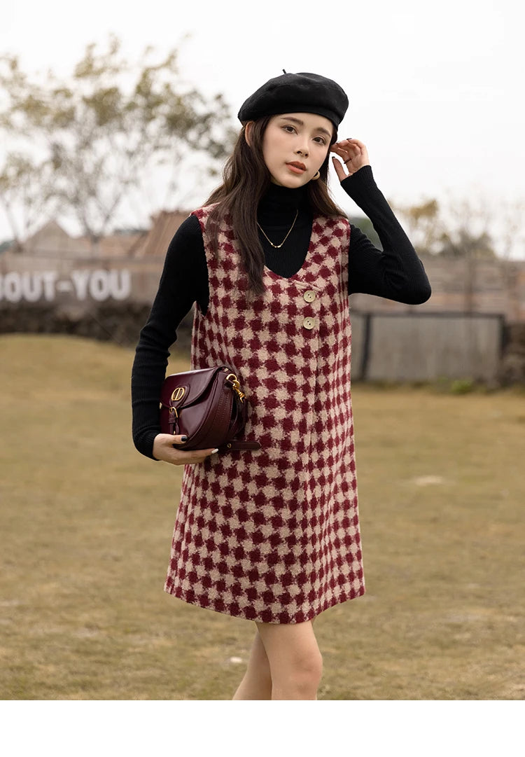Mishow Plaid V-Neck Sleeveless Woolen Vest Dress MXB47L1332