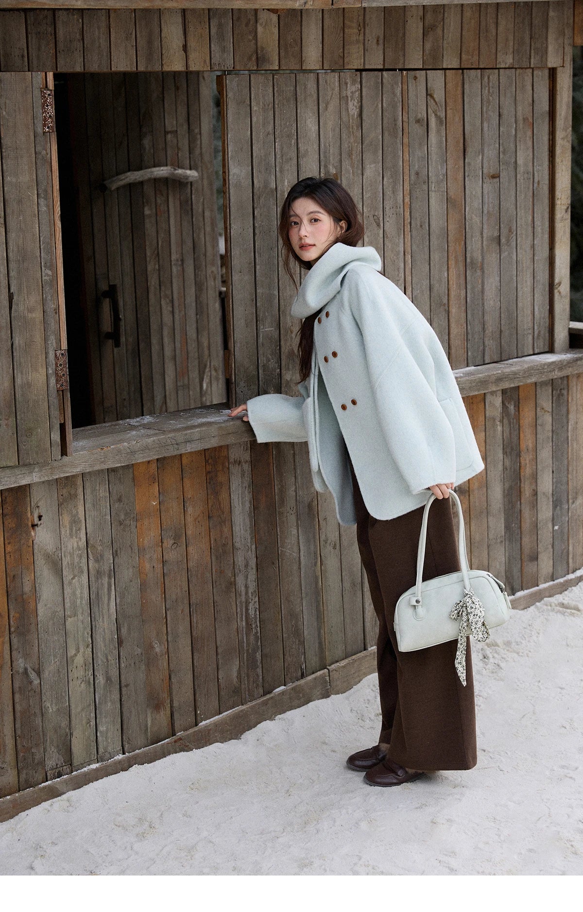 Mishow 100% Wool Mint Green Double-Faced Coat with Scarf & Gloves MXE92W1014