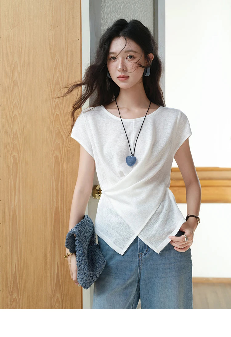 MISHOW Round Neck Knitted T-Shirt Irregular Design Button MXE39T0709