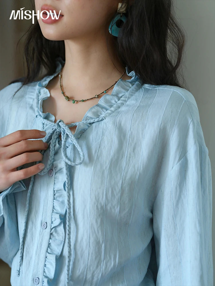 Mishow Light Blue Linen V-Neck Lace-Up Shirt & Elastic Skirt Set MXE41T0700
