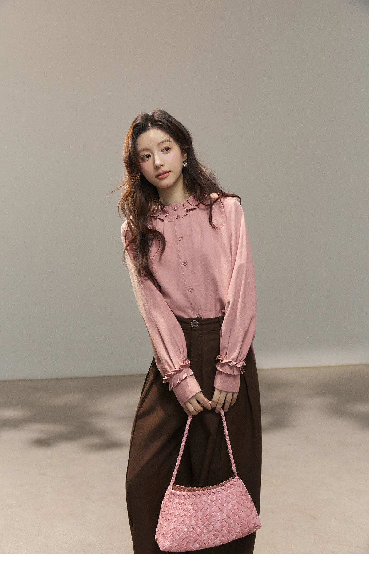 MISHOW Peach Skin Solid Shirt Ruffled Crew Neck MXF11C2431