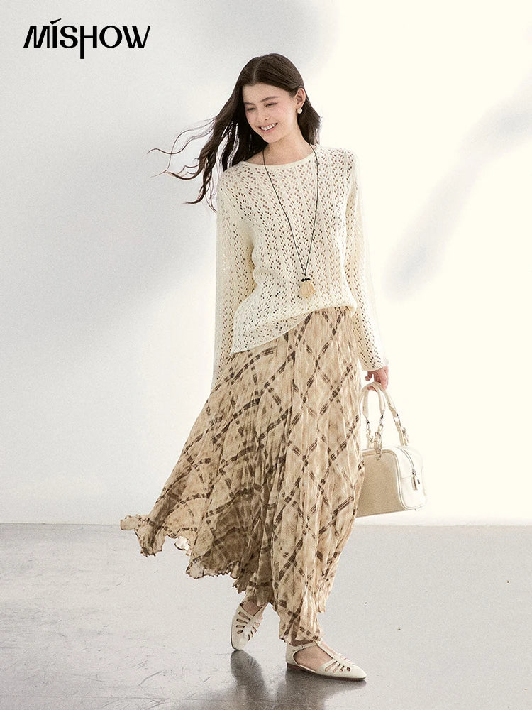 MISHOW Beige Plaid Maxi Skirt High Waist Flowy Elastic MXF108B0769