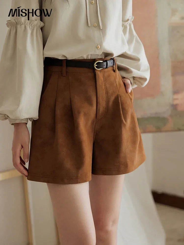 Mishow Suede High Waist A-Line Wide Leg Shorts with Pockets MXD44K0753