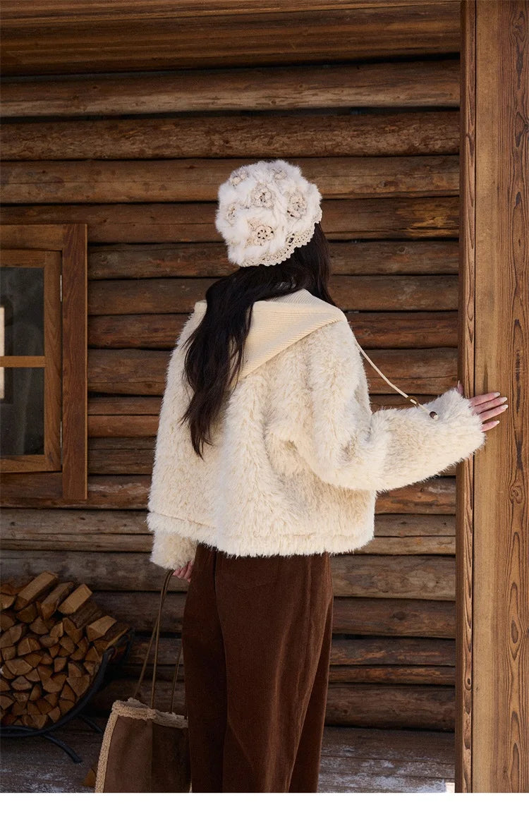 MISHOW Beige Knitted Hooded Plush Coat Warm Windproof MXE86W0908