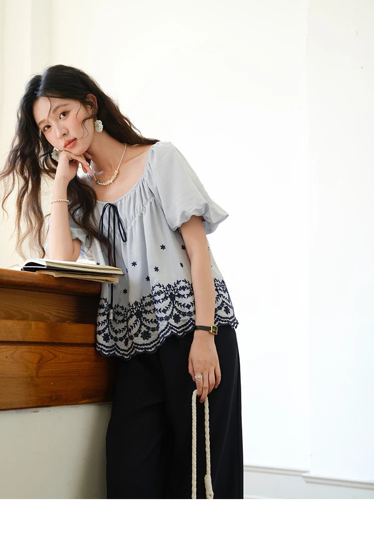 MISHOW Blue Print Blouse Square Neck Lace Up Puff Sleeve MXE36X1799