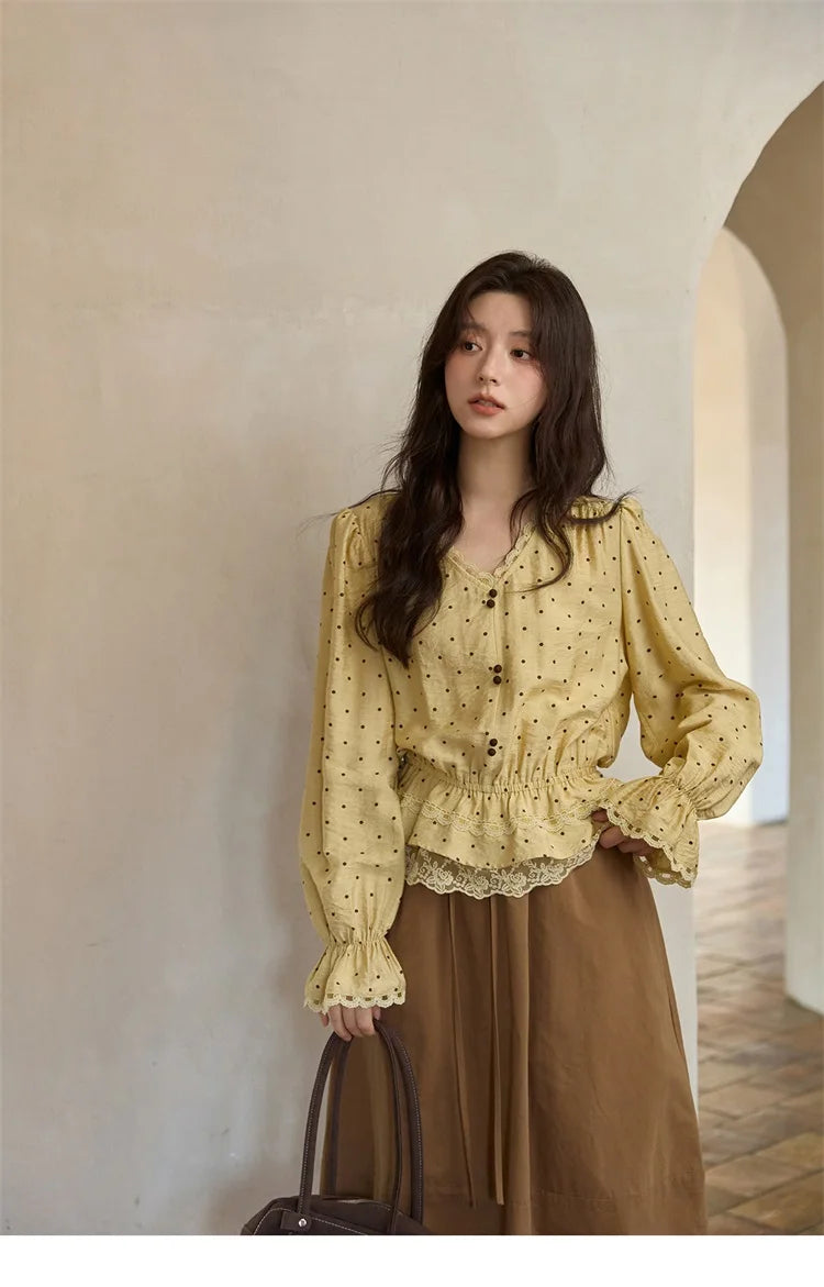 MISHOW Yellow Polka Dot Linen Blouse V-Neck Flare Sleeve MXE42X1975