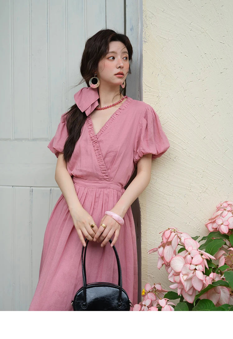 Mishow V-Neck Puff Sleeve Pocket Sash Dress MXE39L2381