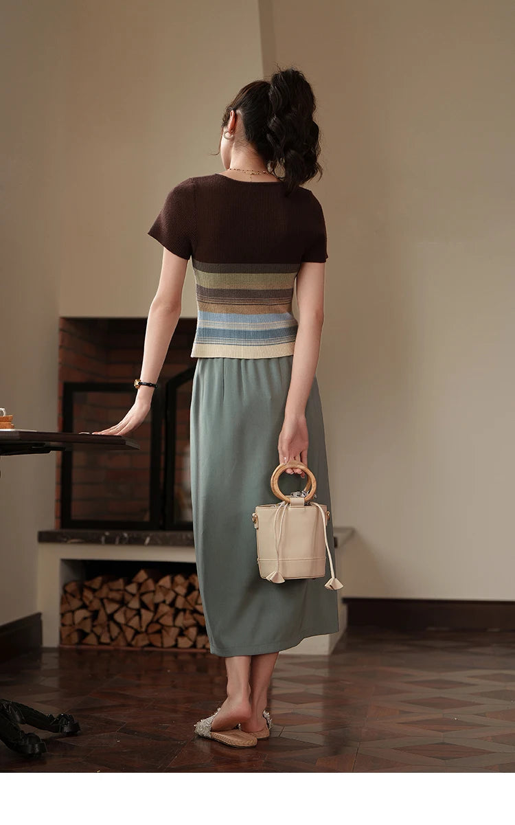 MISHOW Suit Straight Midi Skirt High Waist Slim Front Fork Rear Elastic MXC15B0026