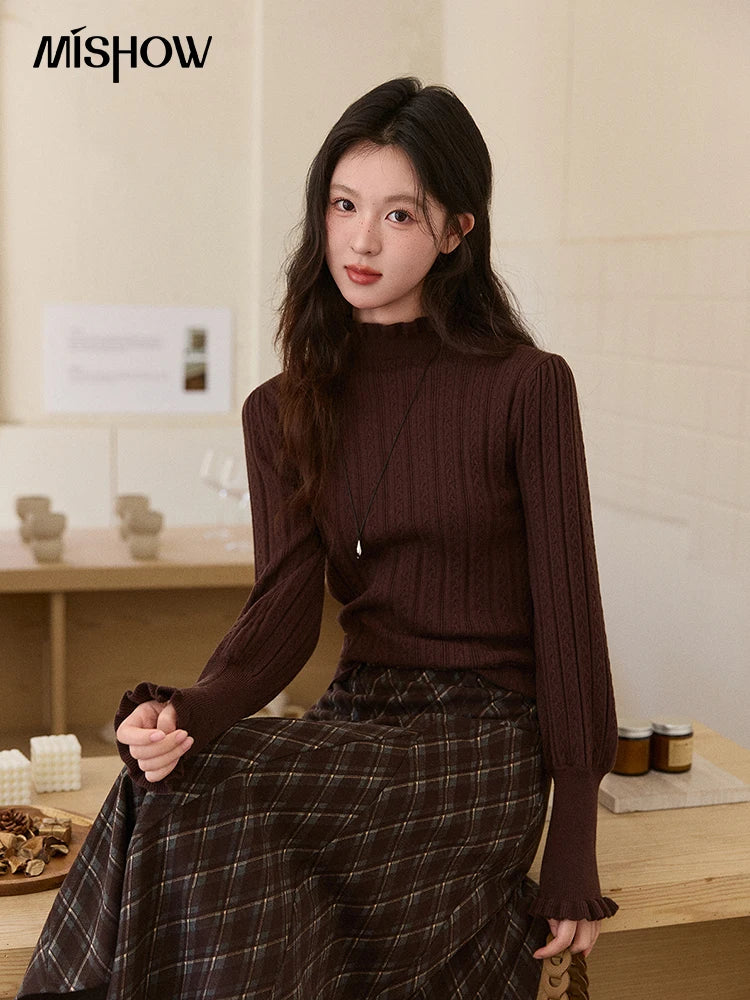 Mishow Half Turtleneck Ruffle Lantern Sleeve Top MXE93Z2810