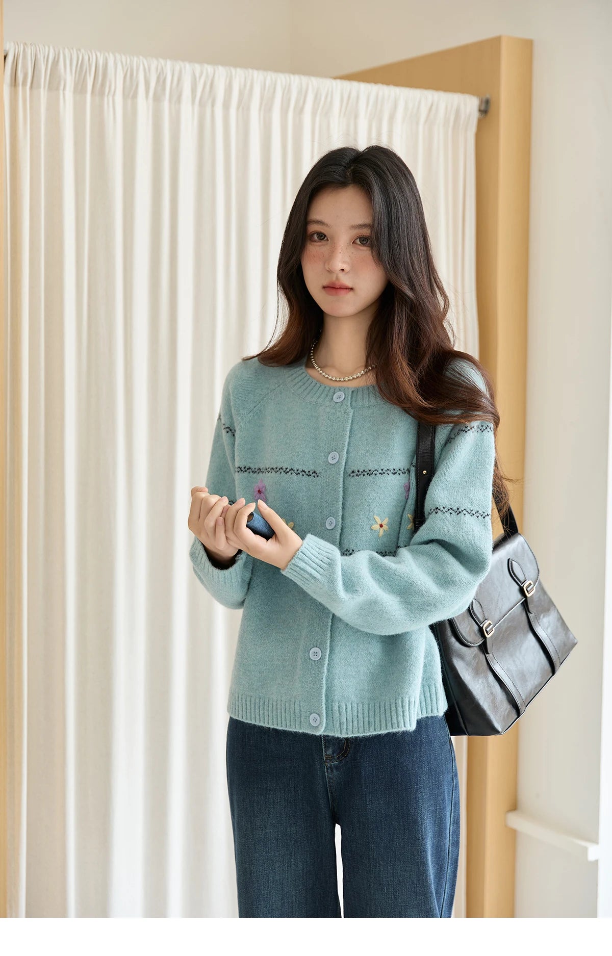 Mishow Blue Flower Embroidered Loose Cardigan MXE46Z2581