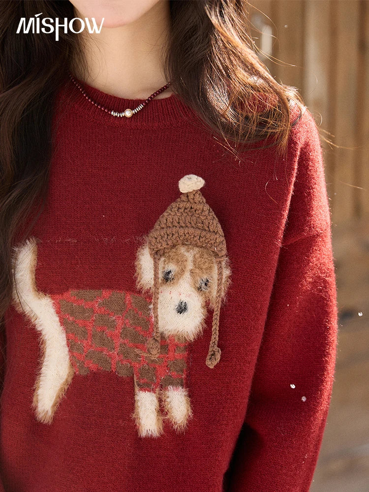 Mishow Red Dog Pattern Crew Neck Sweater MXE93Z2811