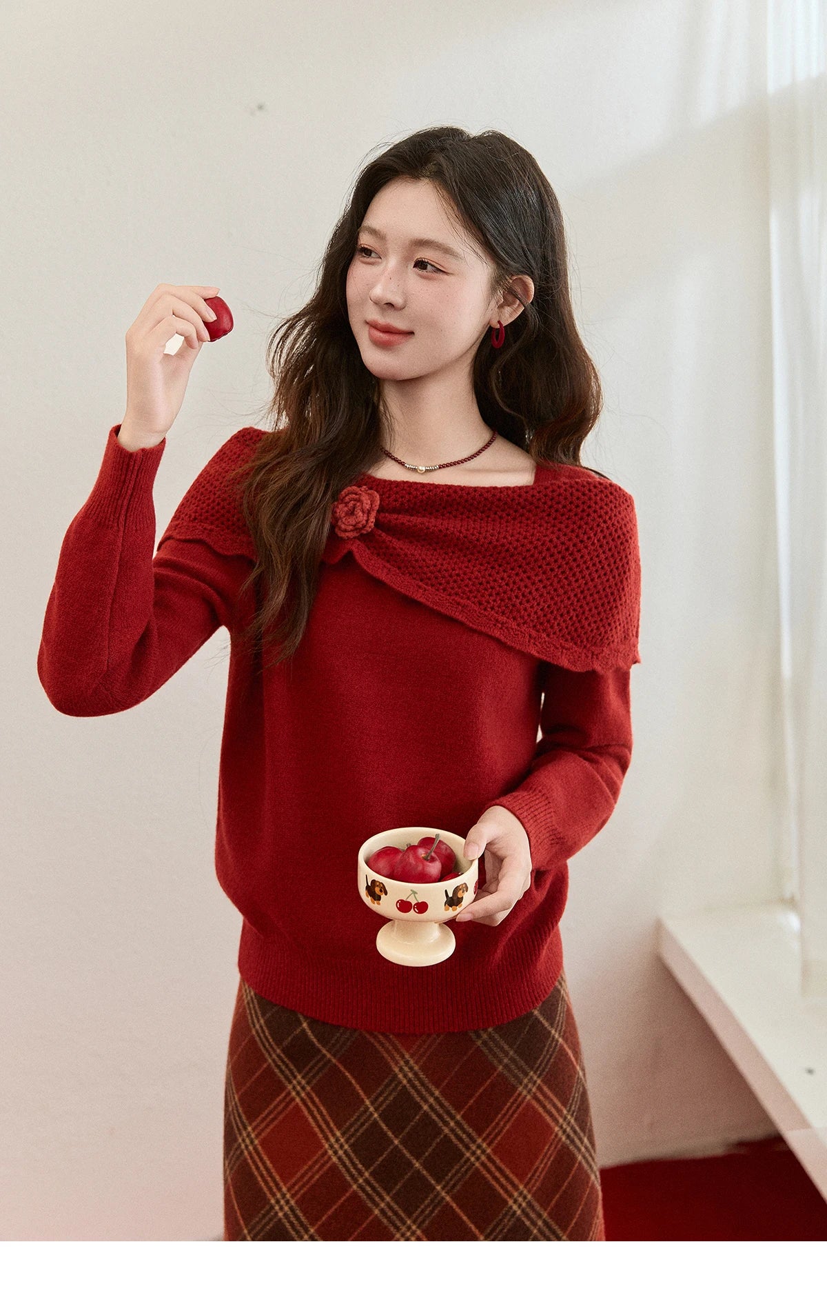 Mishow Christmas Red 3D Flower Alpaca Sweater MXE94Z2889