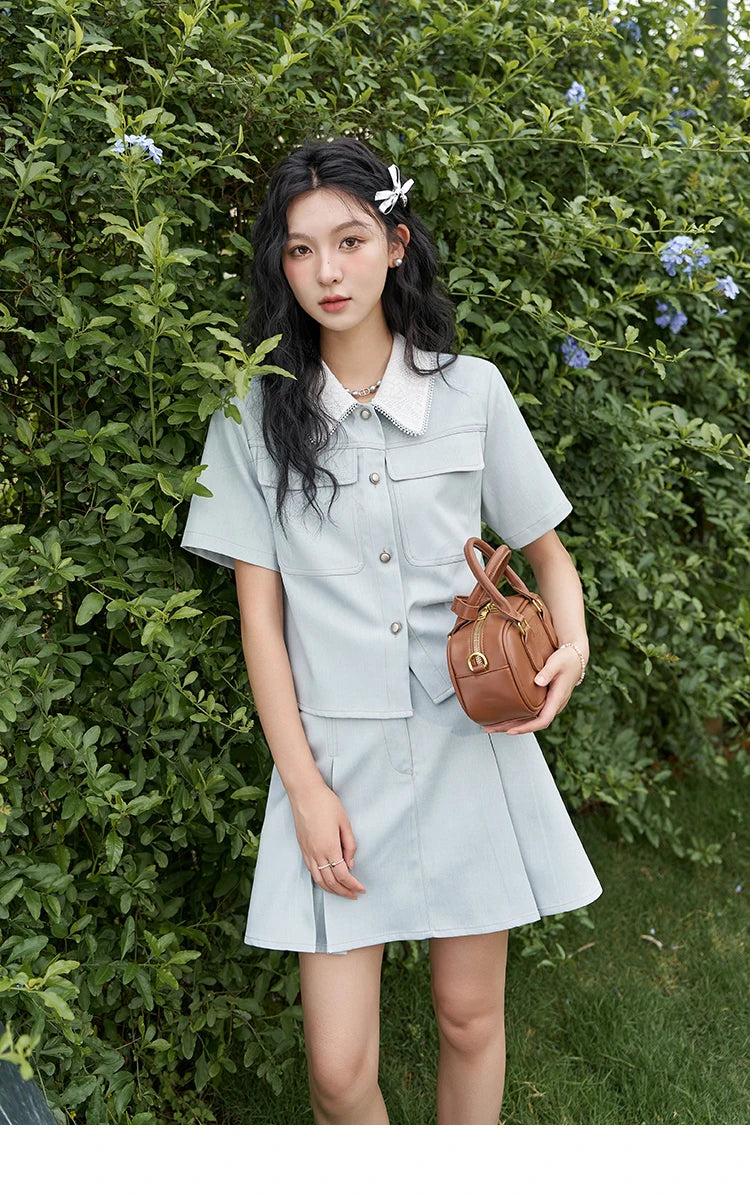 Mishow French Lapel Top & High Waist Pleated Skirt Set MXD24C0201