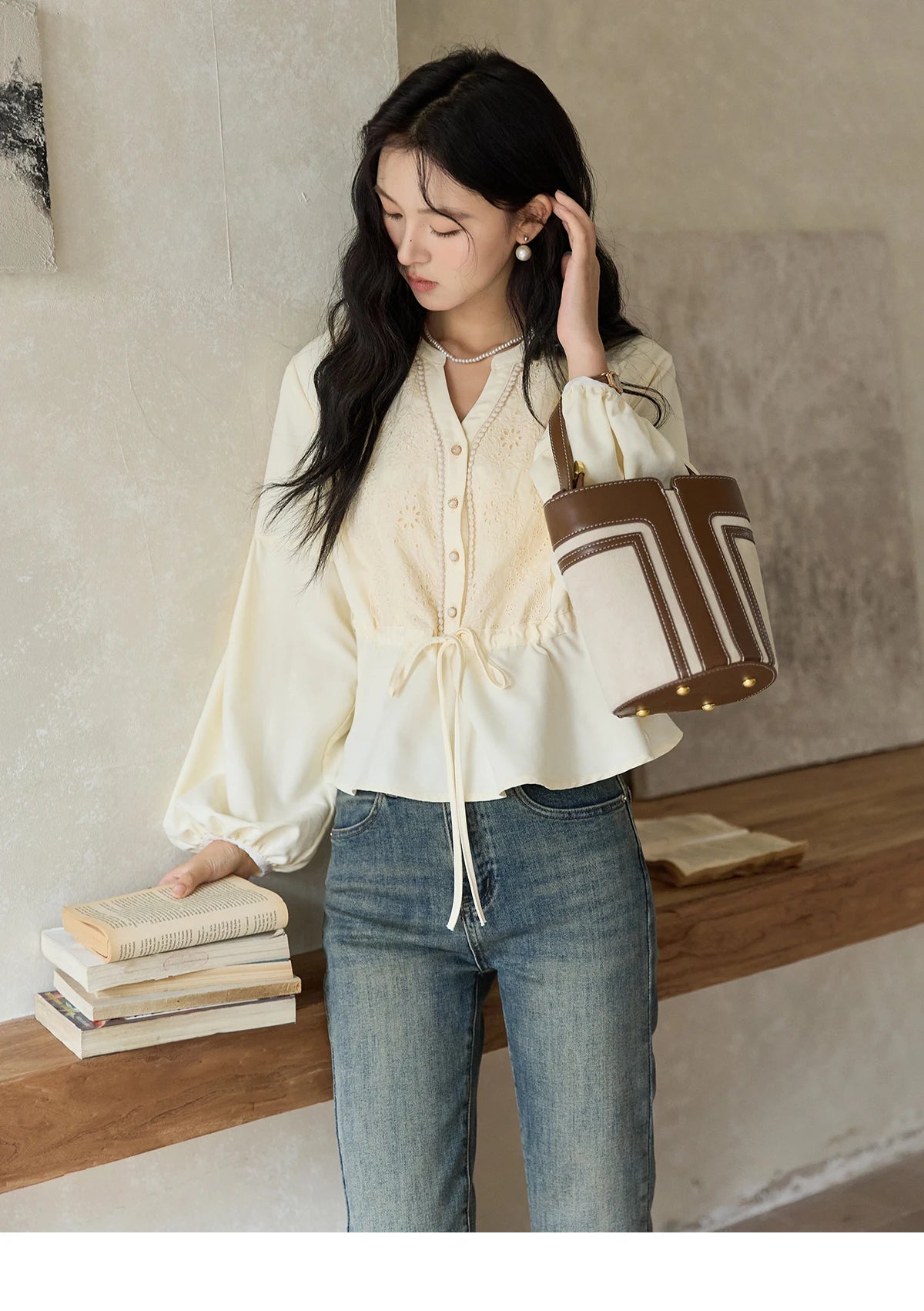 MISHOW French V-Neck Blouse Lace Lantern Sleeve Drawstring Waist MXD45X1660