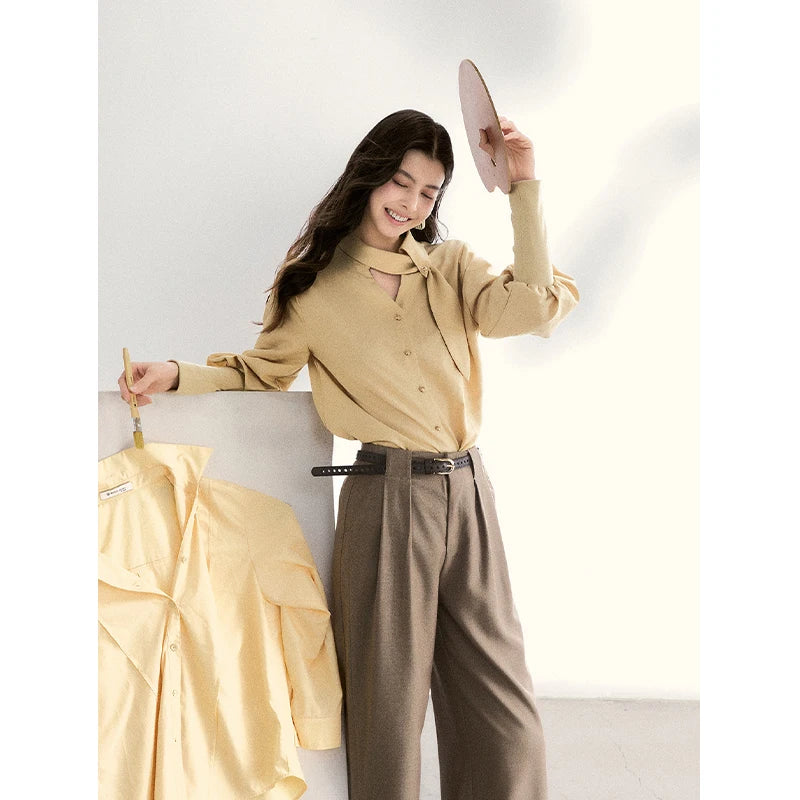 MISHOW Women's Tie Neck Shirt Hollow Out Knitted Patchwork Puff Sleeve MXF108C0812