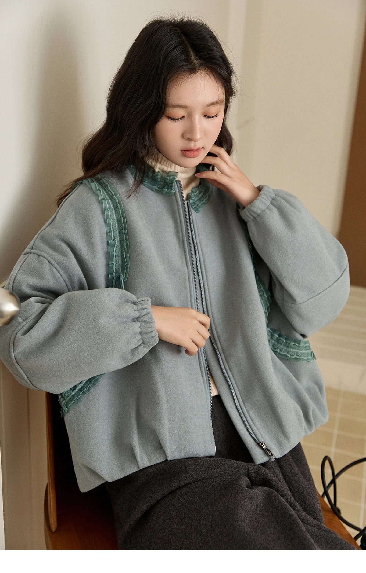 Mishow Light Blue Lace Trim Puff Sleeve Down Coat MXE94W1048