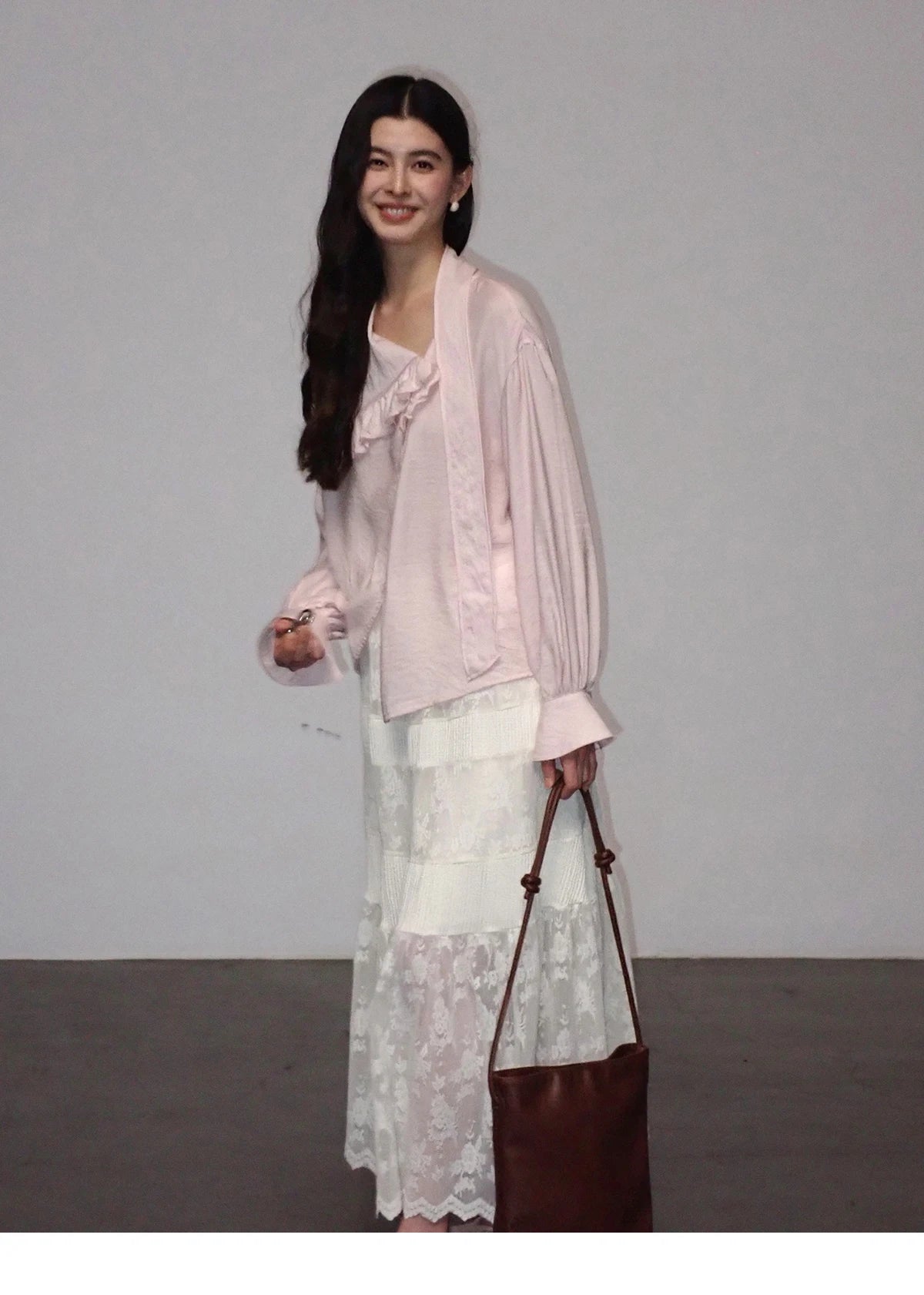 MISHOW Pink Asymmetrical Ruffled Collar Blouse Puff Sleeve MXF11X2520