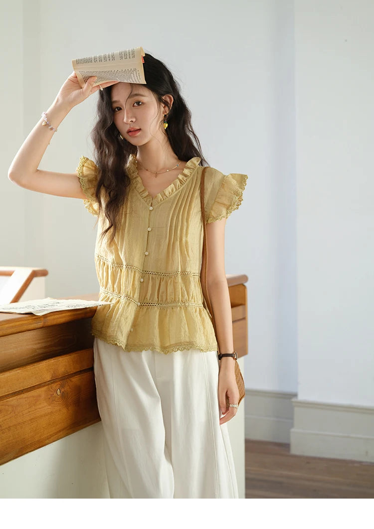 MISHOW Wood Ear V-Neck Shirt Flying Sleeve Wrinkle Spliced MXE37X1908