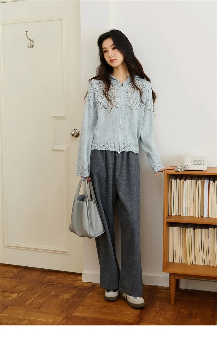 Mishow Blue Hooded Hollow Knit Zipper Cardigan MXE46Z2584